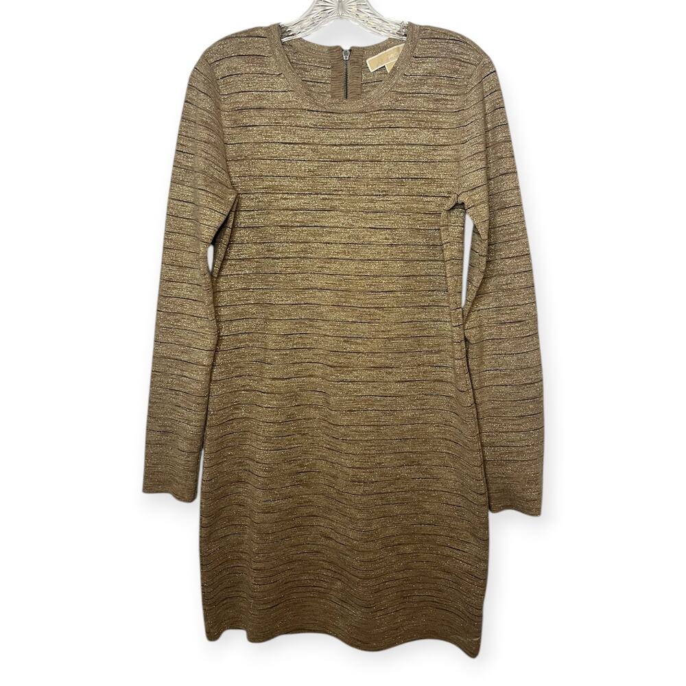 Michael Kors Metallic Gold Knit Sweater Dress Long Sleeve‎ Back Zip Holiday Sz M